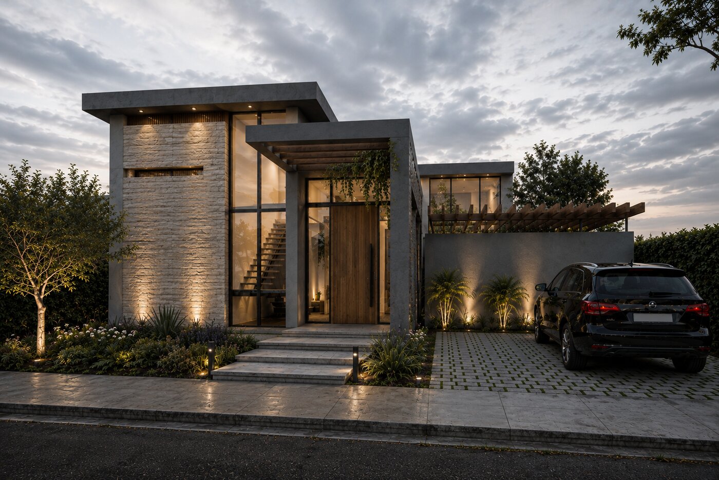 Casa Alba, fachada de concreto y piedra con iluminación al atardecer
