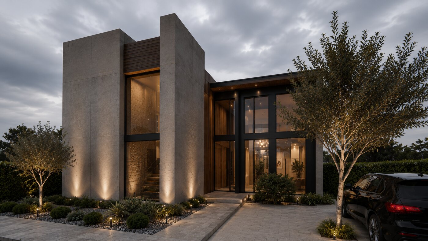 Casa Nogal, volumen en concreto y madera con iluminación nocturna