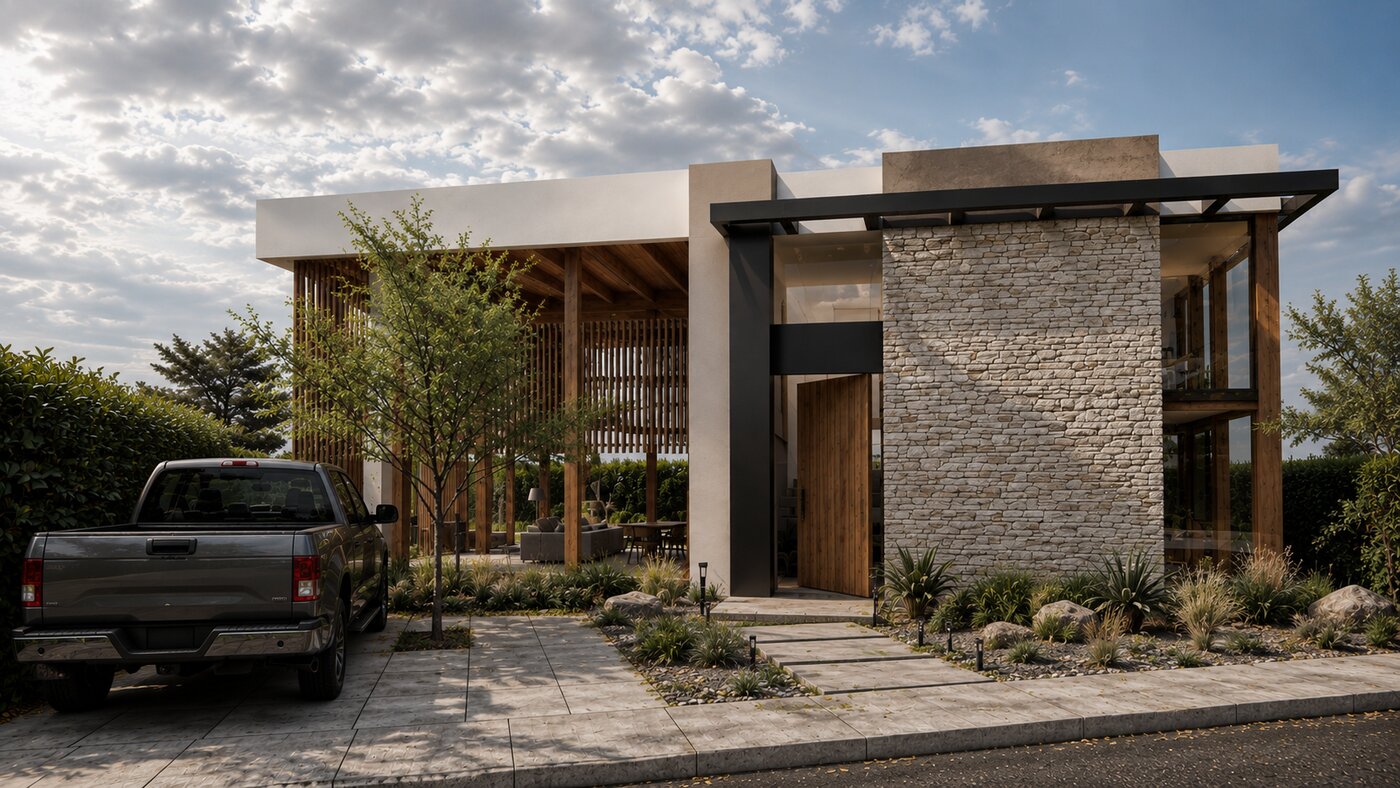 Casa Olivo, fachada en piedra clara con pérgola de madera